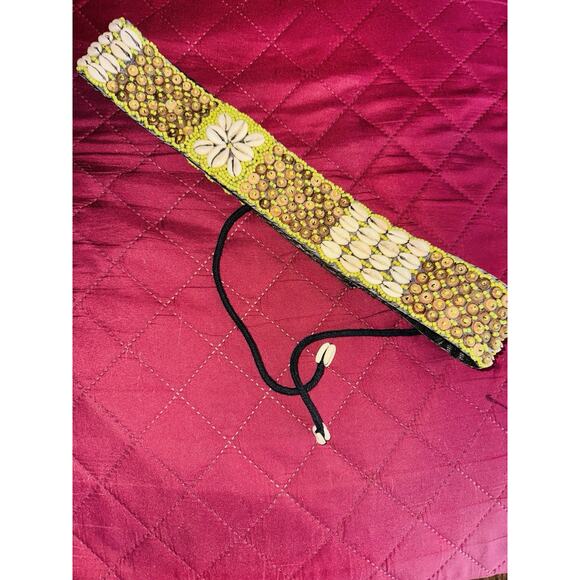 Cowrie Cowy Cowry Sea Shell Beaded Tie Belt Fabric Backed - Picture 1 of 5
